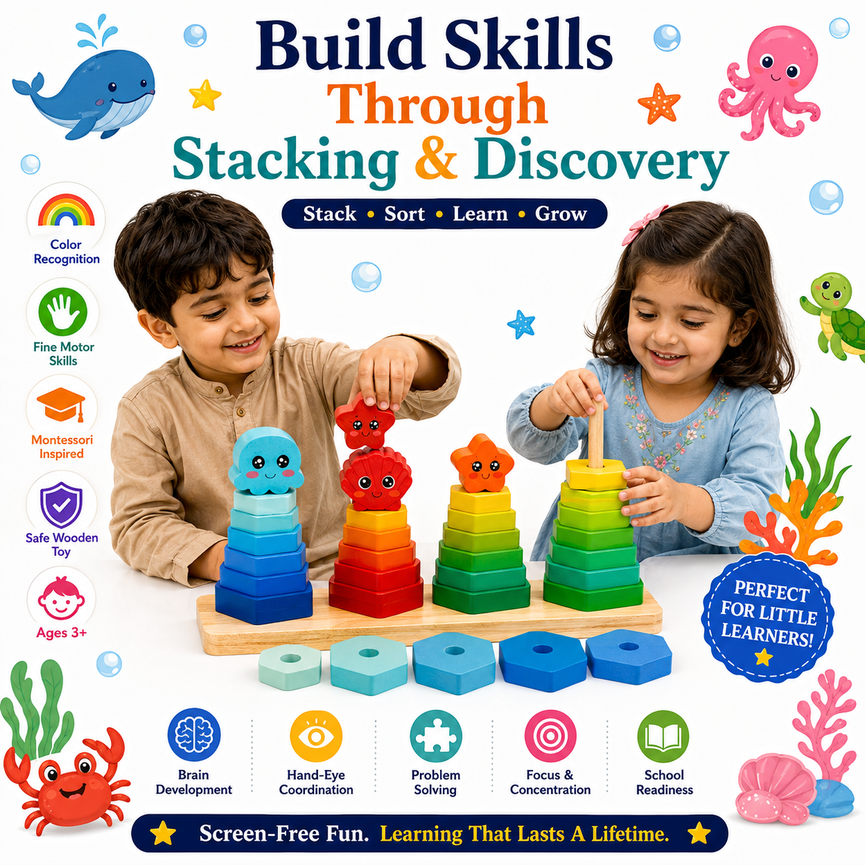 Montessori Wooden Stacking Toy for Kids 3+ – Colorful Shape Sorting & Stacking Learning Game for Toddlers, Educational Wooden Toy for Fine Motor Skills