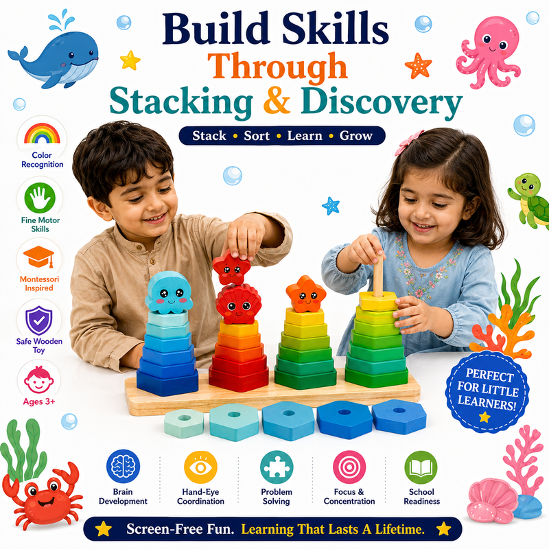 Montessori Wooden Stacking Toy for Kids 3+ – Colorful Shape Sorting & Stacking Learning Game for Toddlers, Educational Wooden Toy for Fine Motor Skills