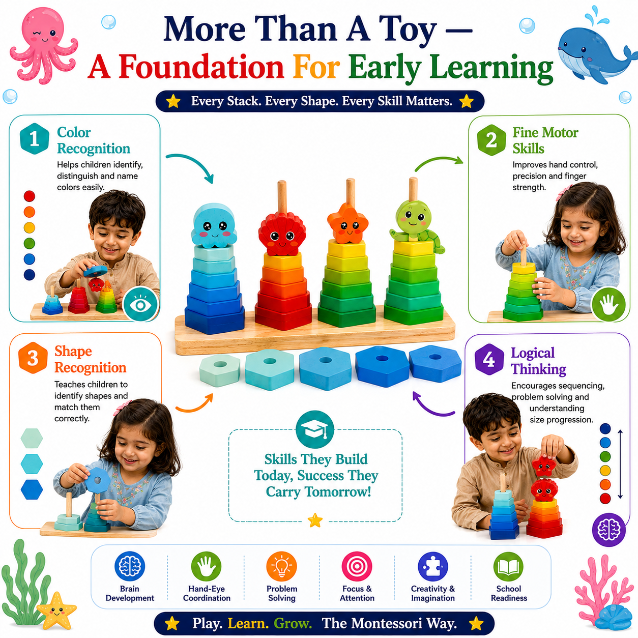 Montessori Wooden Stacking Toy for Kids 3+ – Colorful Shape Sorting & Stacking Learning Game for Toddlers, Educational Wooden Toy for Fine Motor Skills