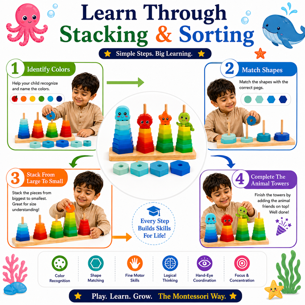 Montessori Wooden Stacking Toy for Kids 3+ – Colorful Shape Sorting & Stacking Learning Game for Toddlers, Educational Wooden Toy for Fine Motor Skills