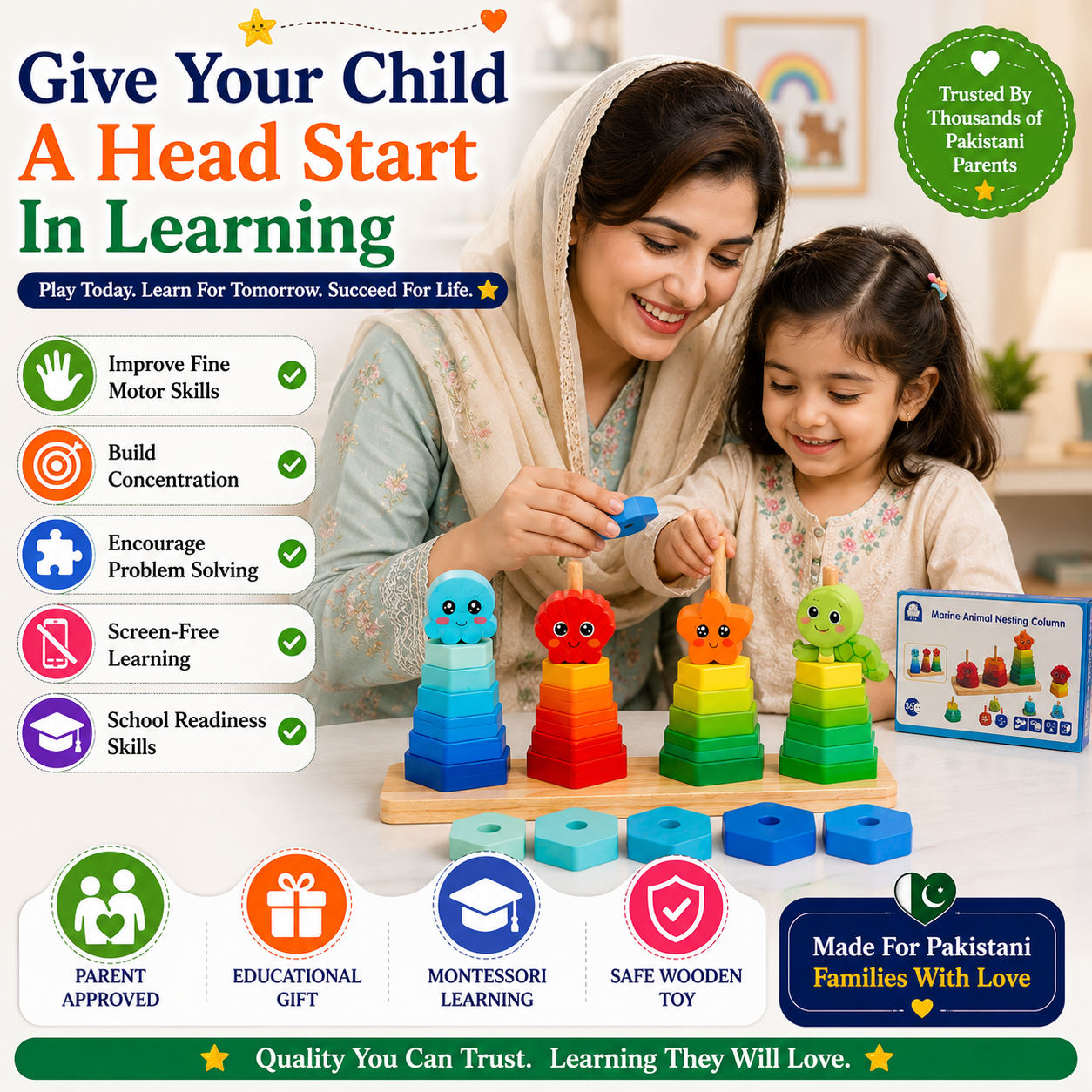 Montessori Wooden Stacking Toy for Kids 3+ – Colorful Shape Sorting & Stacking Learning Game for Toddlers, Educational Wooden Toy for Fine Motor Skills