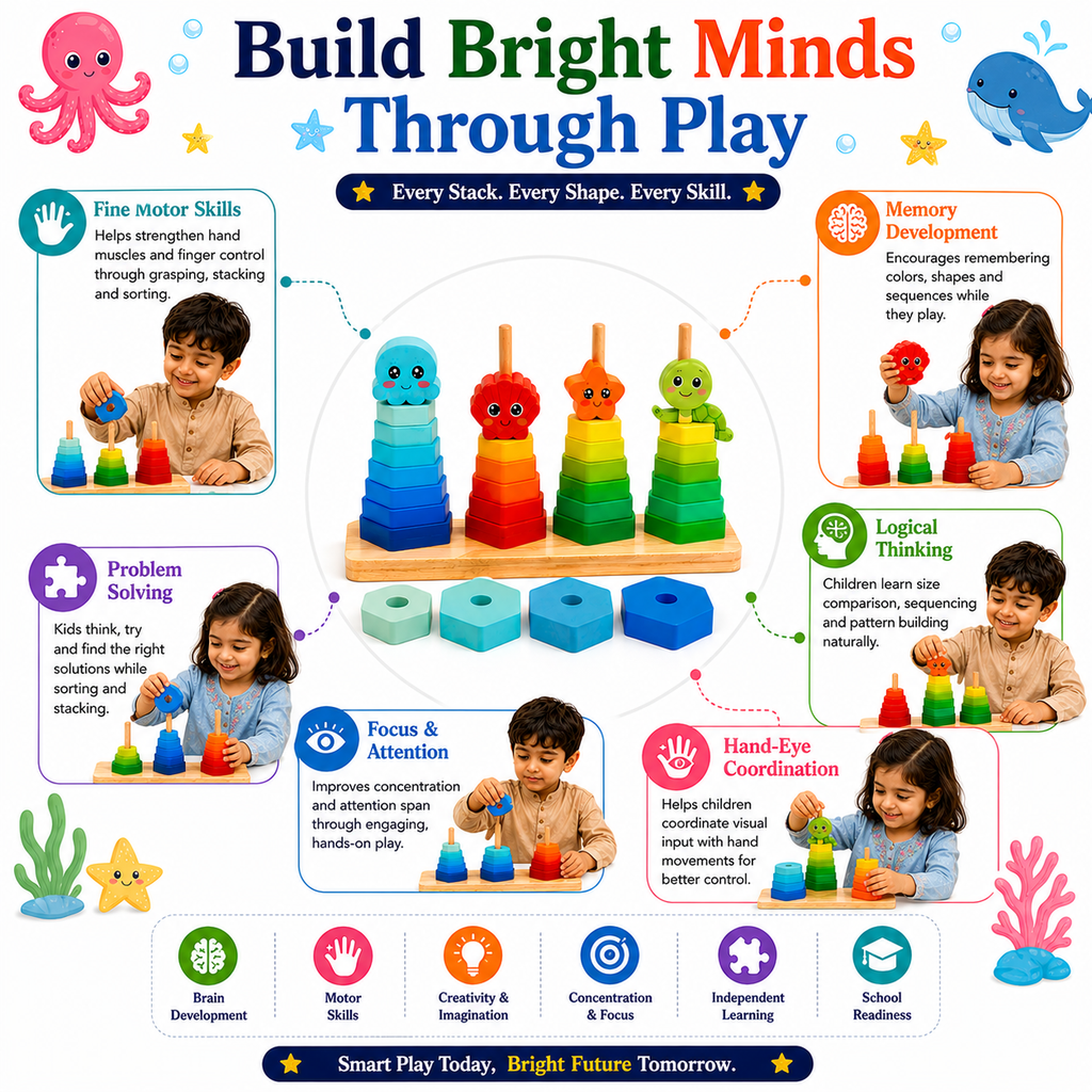 Montessori Wooden Stacking Toy for Kids 3+ – Colorful Shape Sorting & Stacking Learning Game for Toddlers, Educational Wooden Toy for Fine Motor Skills