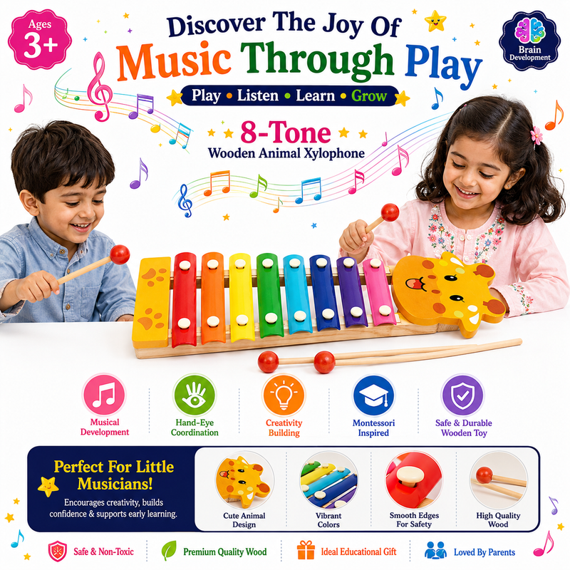 Musical Xylophone Toy for Kids 3+ – 8-Tone Colorful Wooden-Style Piano & Percussion Instrument with Mallets, Fun Music Learning Toy for Toddlers