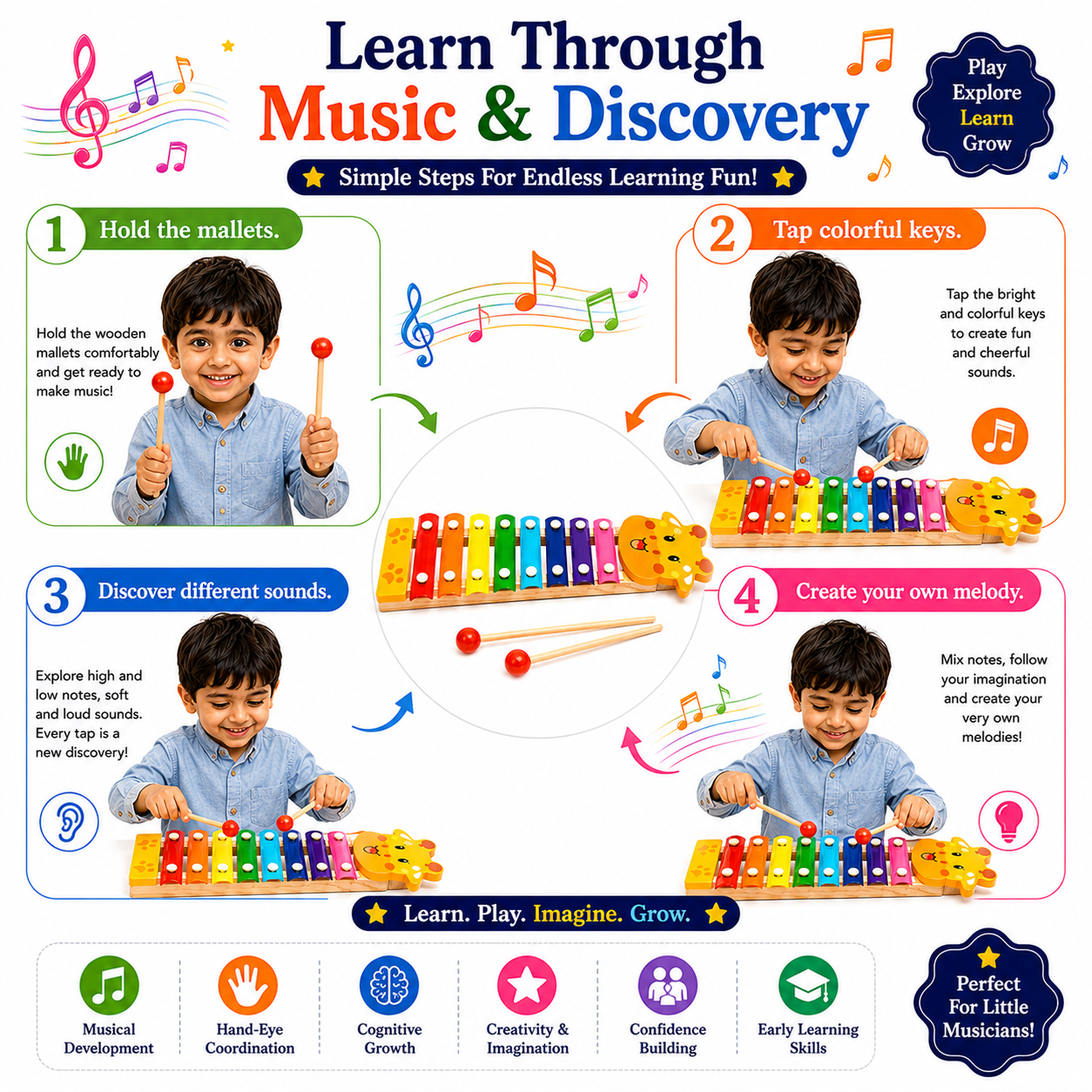 Musical Xylophone Toy for Kids 3+ – 8-Tone Colorful Wooden-Style Piano & Percussion Instrument with Mallets, Fun Music Learning Toy for Toddlers