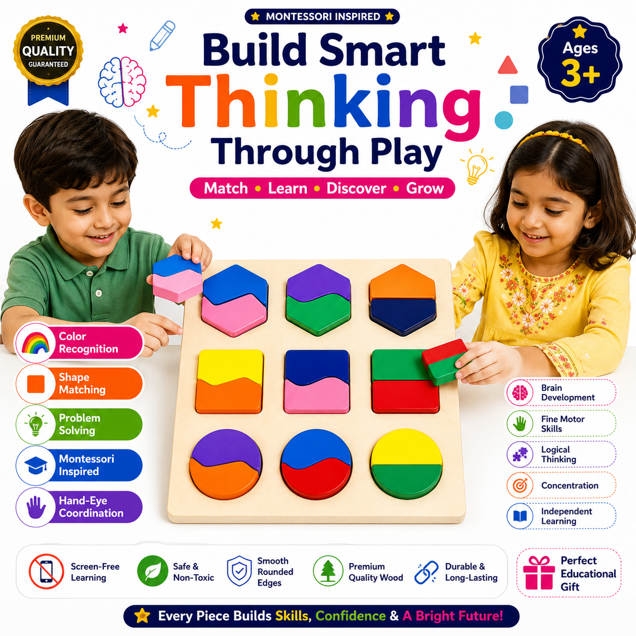 Montessori Wooden Shape Matching Puzzle for Kids 3+ – Educational Color & Shape Recognition Learning Toy, Wooden Matching Board for Brain Development,