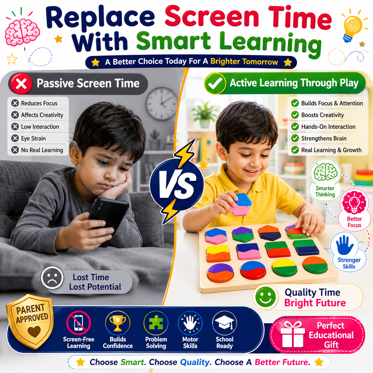 Montessori Wooden Shape Matching Puzzle for Kids 3+ – Educational Color & Shape Recognition Learning Toy, Wooden Matching Board for Brain Development,