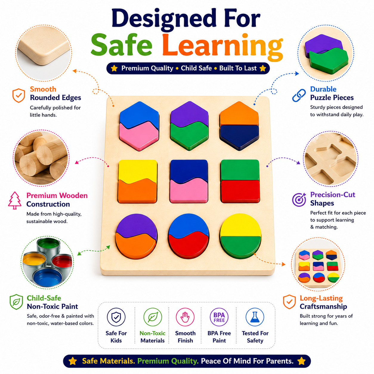 Montessori Wooden Shape Matching Puzzle for Kids 3+ – Educational Color & Shape Recognition Learning Toy, Wooden Matching Board for Brain Development,