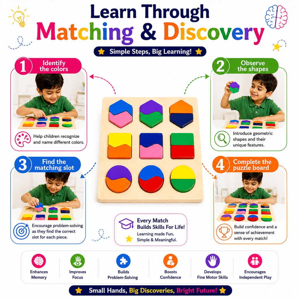 Montessori Wooden Shape Matching Puzzle for Kids 3+ – Educational Color & Shape Recognition Learning Toy, Wooden Matching Board for Brain Development,