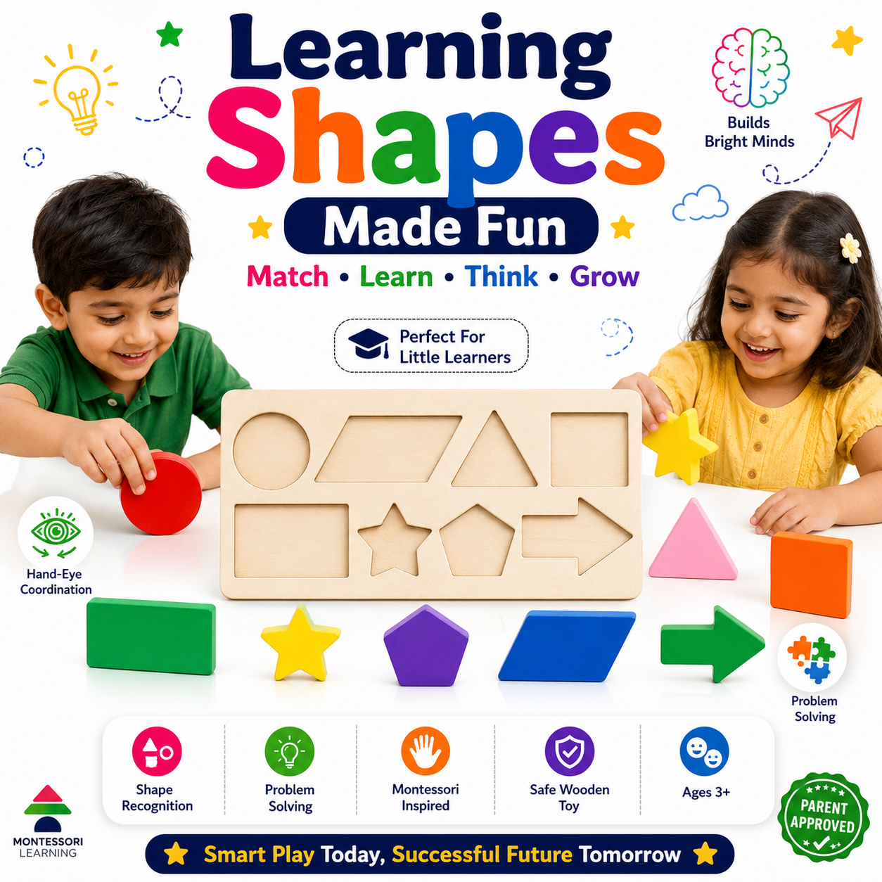 Wooden Shape Sorter Puzzle for Kids – Colorful Shape Matching Board with Geometric Shapes for Early Learning, Fine Motor Skills