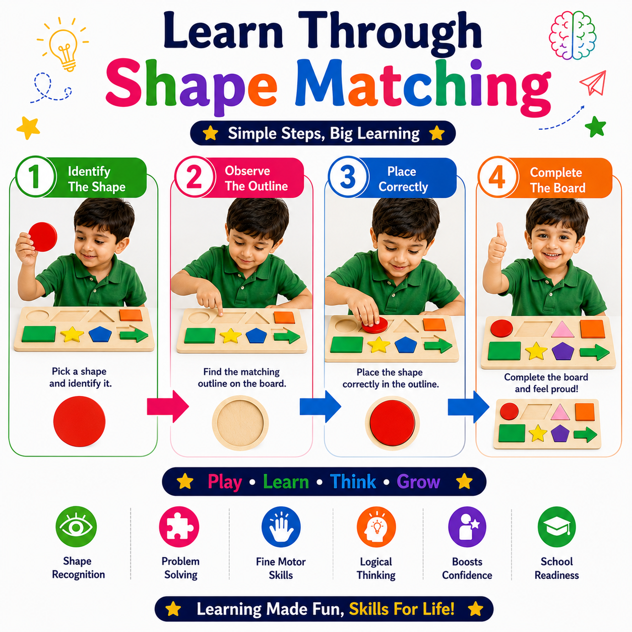 Wooden Shape Sorter Puzzle for Kids – Colorful Shape Matching Board with Geometric Shapes for Early Learning, Fine Motor Skills