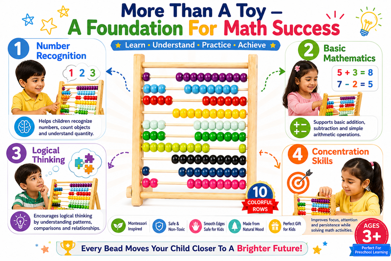 Premium Wooden Abacus for Kids 3+ – Colorful 10-Row Counting & Math Learning Toy with Large Beads – Montessori-Inspired Early Math Educational Toy for Toddlers