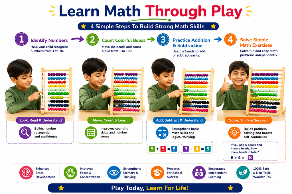 Premium Wooden Abacus for Kids 3+ – Colorful 10-Row Counting & Math Learning Toy with Large Beads – Montessori-Inspired Early Math Educational Toy for Toddlers