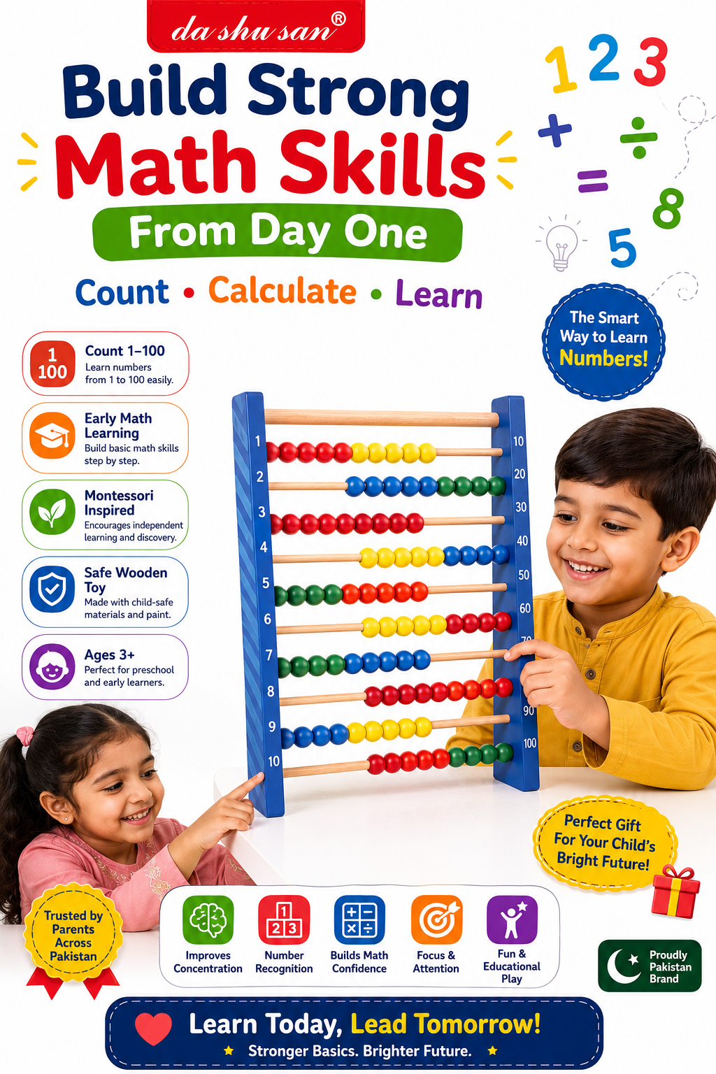 Wooden Abacus for Kids 3+ – 100-Bead Counting & Math Learning Toy with Colorful Sliding Beads – Early Educational Abacus for Number Recognition