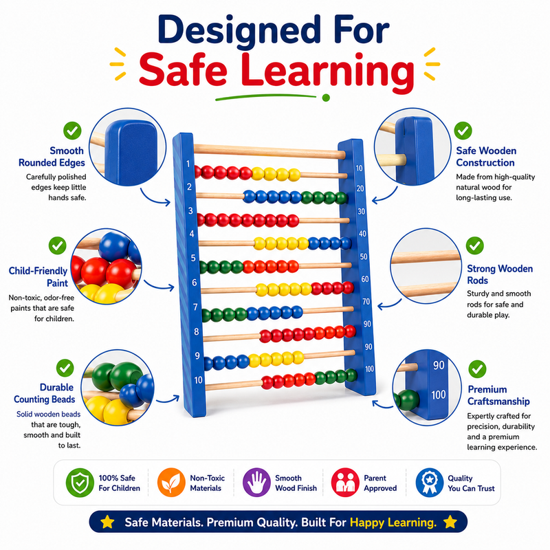 Wooden Abacus for Kids 3+ – 100-Bead Counting & Math Learning Toy with Colorful Sliding Beads – Early Educational Abacus for Number Recognition