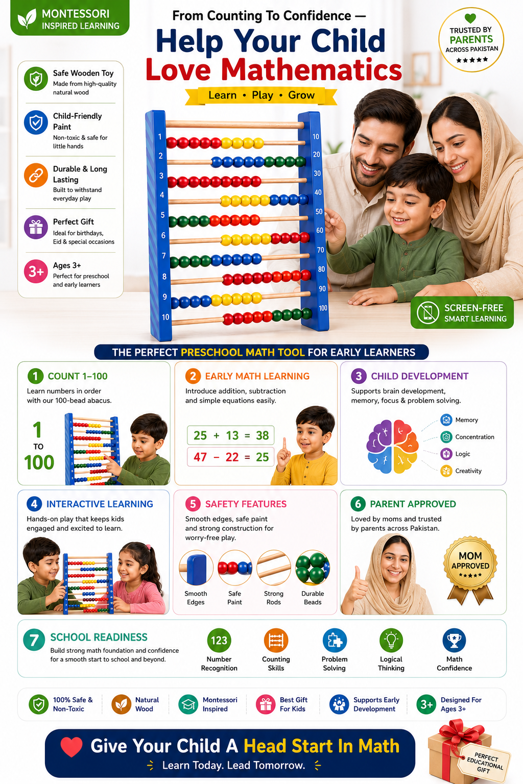 Double-Sided Wooden Abacus for Kids 3+ – Large Counting 1–100 Math Learning Toy with Colorful Beads – Montessori-Inspired Educational Abacus