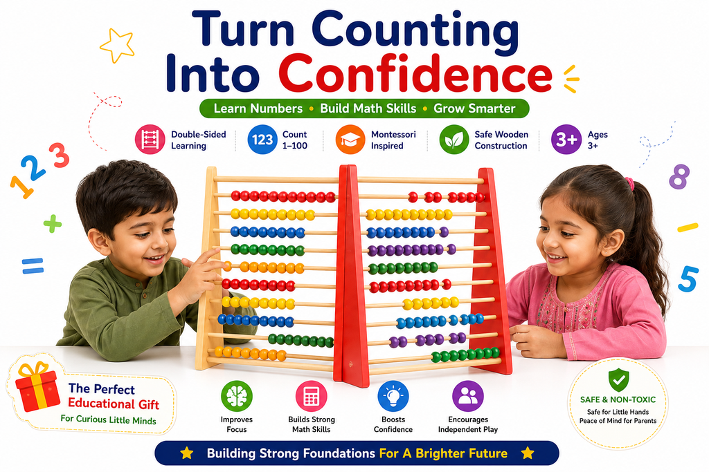 Double-Sided Wooden Abacus for Kids 3+ – Large Counting 1–100 Math Learning Toy with Colorful Beads – Montessori-Inspired Educational Abacus