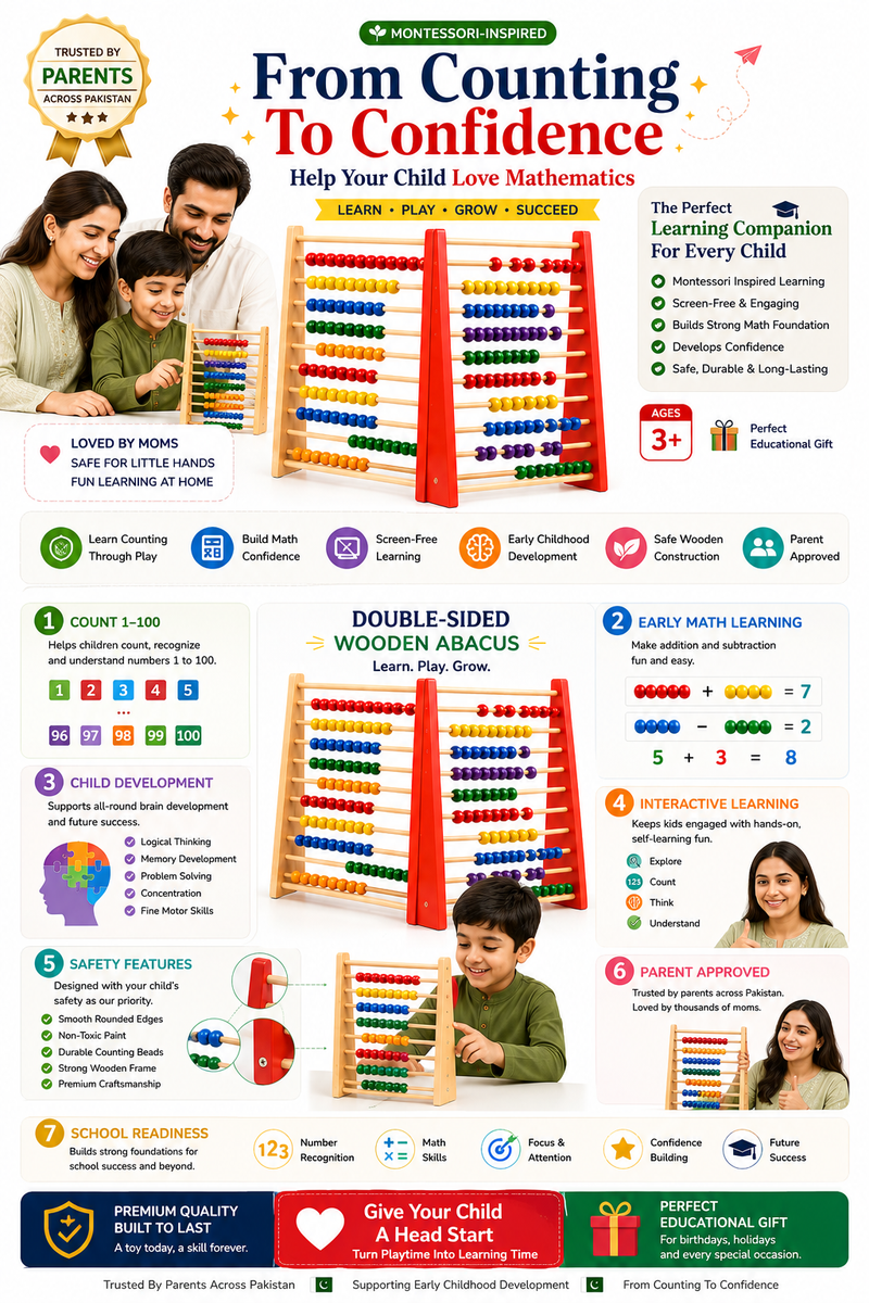 Double-Sided Wooden Abacus for Kids 3+ – Large Counting 1–100 Math Learning Toy with Colorful Beads – Montessori-Inspired Educational Abacus