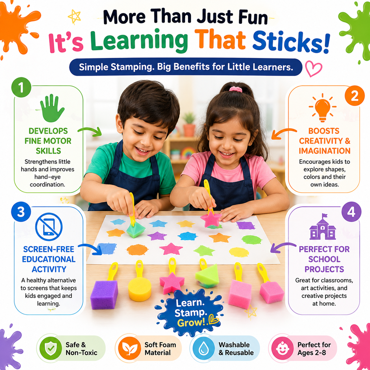 Washable Kids Stampers – Foam Shape Painting Set for Drawing, Crafts & Screen-Free Play