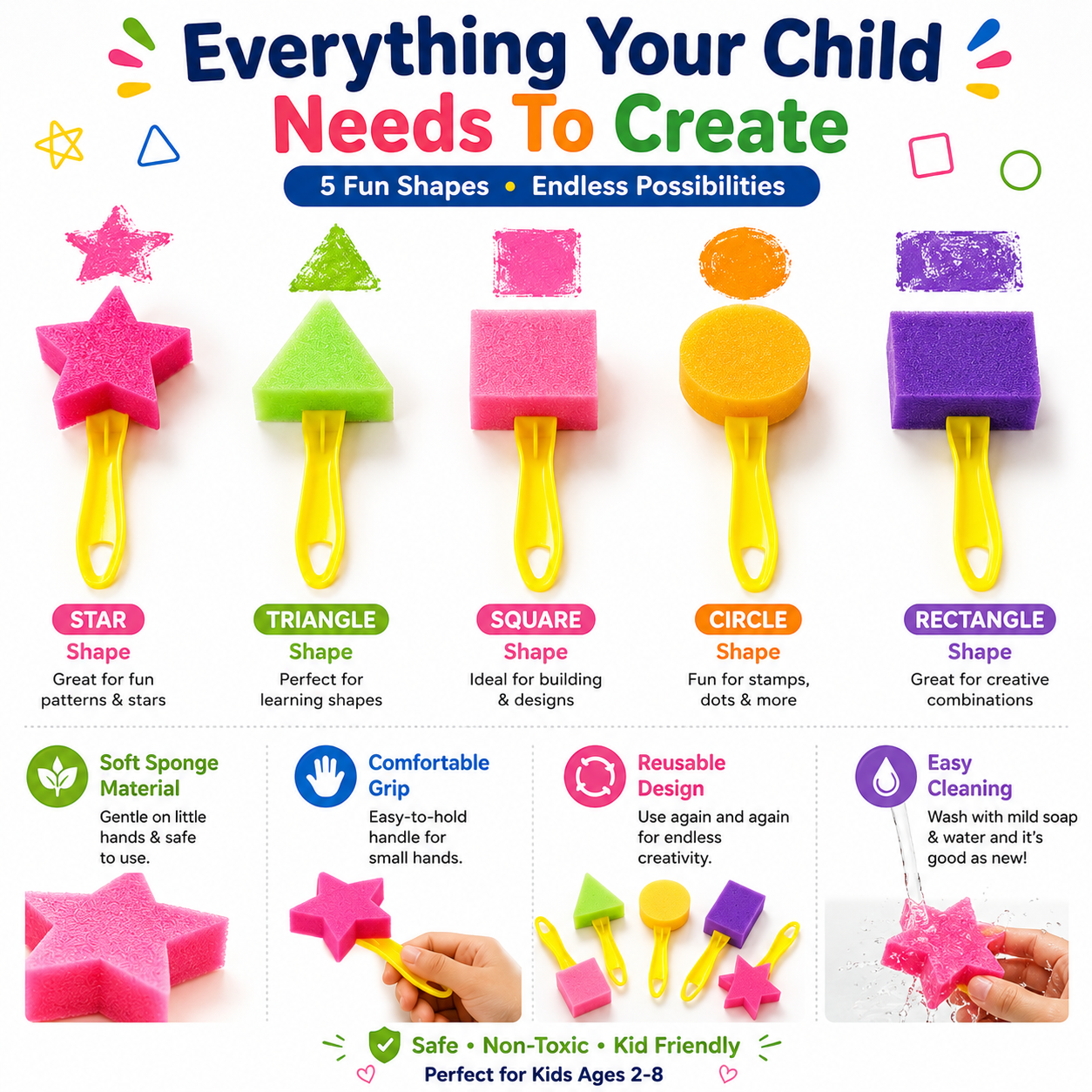 Washable Kids Stampers – Foam Shape Painting Set for Drawing, Crafts & Screen-Free Play