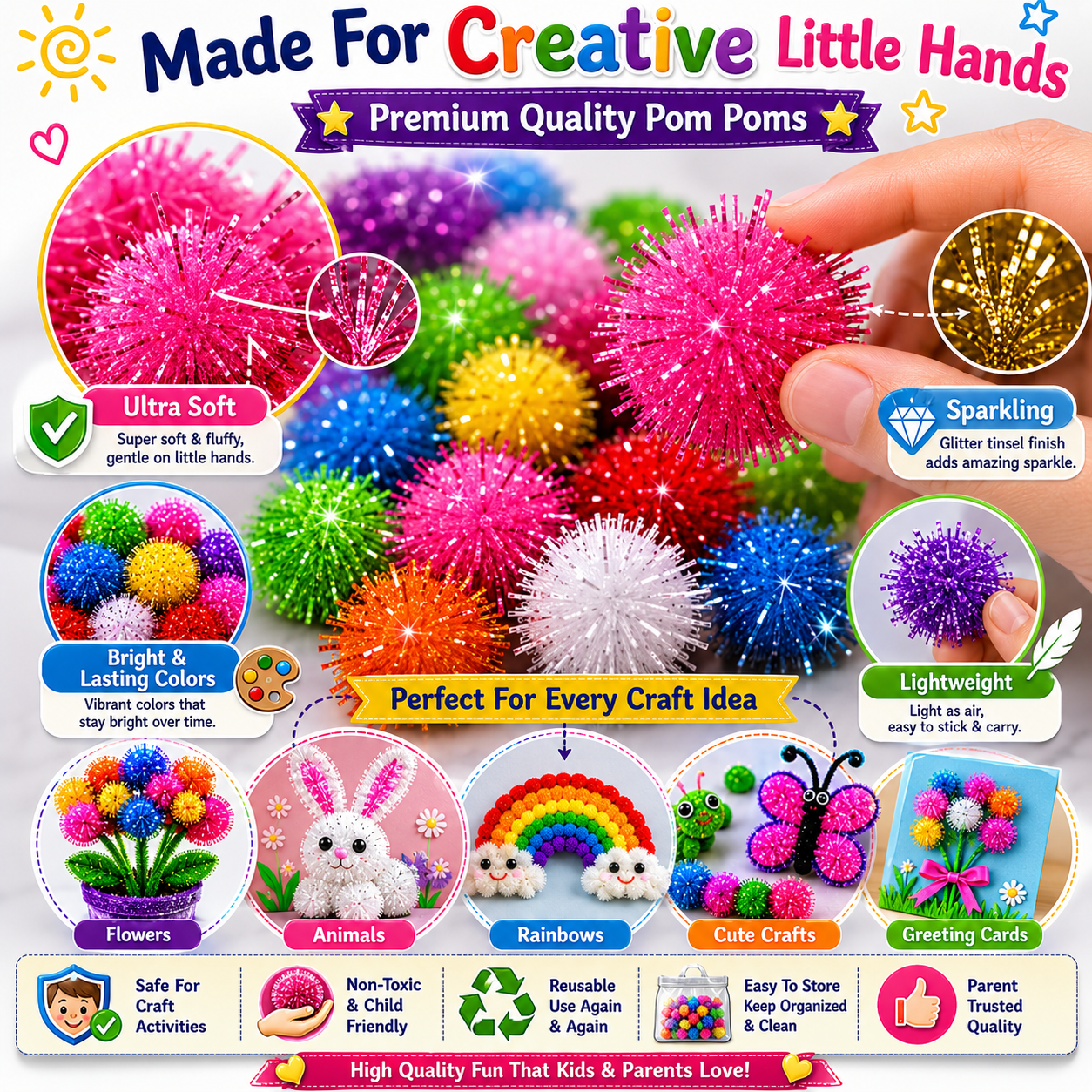 Multi-Color Pom Poms Craft Set – Fluffy Craft Balls for Kids, School Projects & Handmade Creations