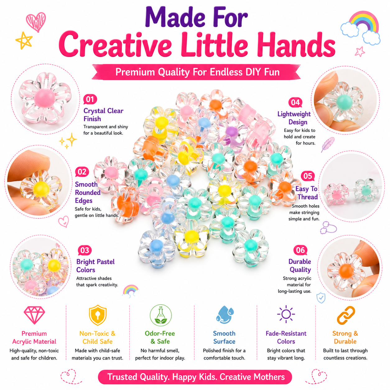 Acrylic Flower Beads for Jewelry Making – Pastel Beads for DIY Bracelets, Necklaces & Hair Accessories
