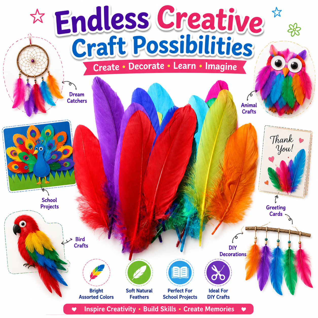 Assorted Craft Feathers – Bright Natural Feathers for DIY Bird Crafts, Cards, Decorations & School Projects
