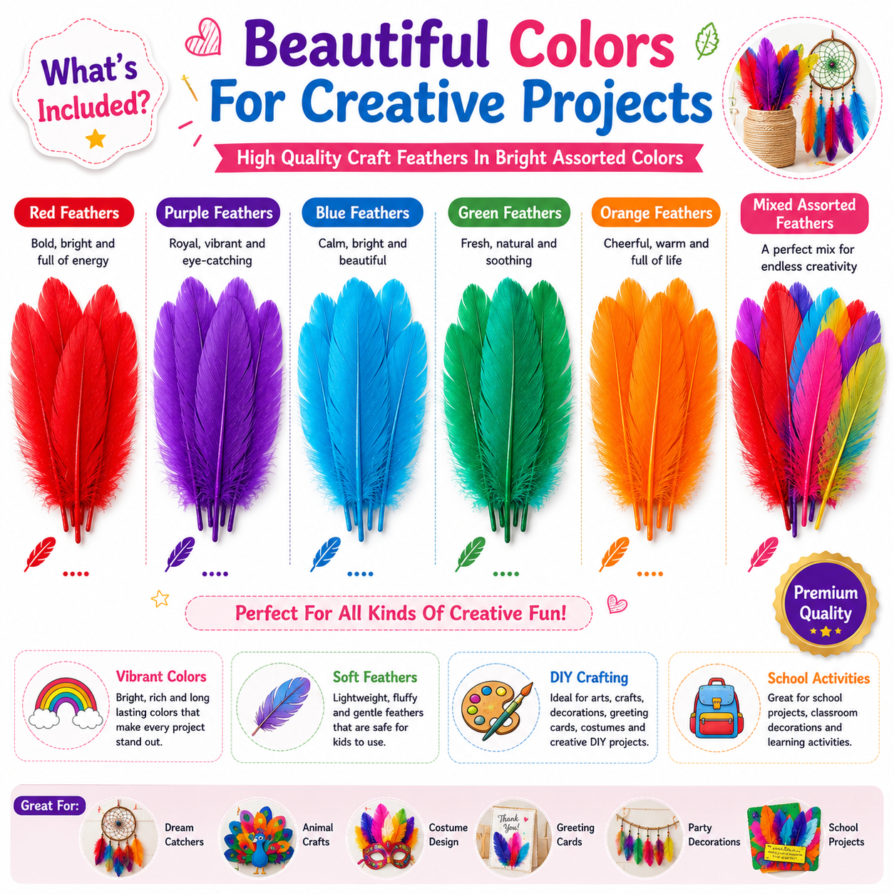 Assorted Craft Feathers – Bright Natural Feathers for DIY Bird Crafts, Cards, Decorations & School Projects