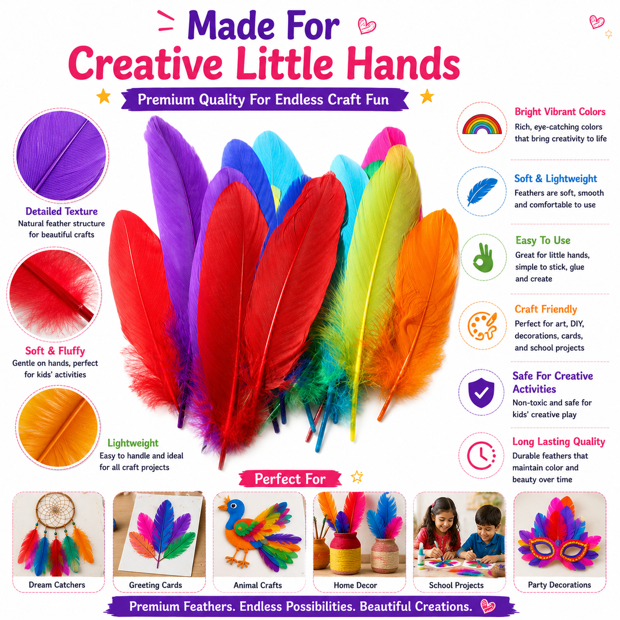 Assorted Craft Feathers – Bright Natural Feathers for DIY Bird Crafts, Cards, Decorations & School Projects