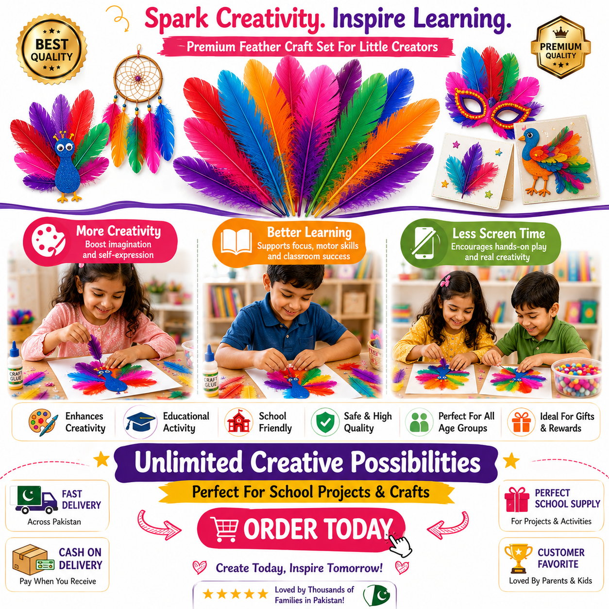 Assorted Craft Feathers – Bright Natural Feathers for DIY Bird Crafts, Cards, Decorations & School Projects