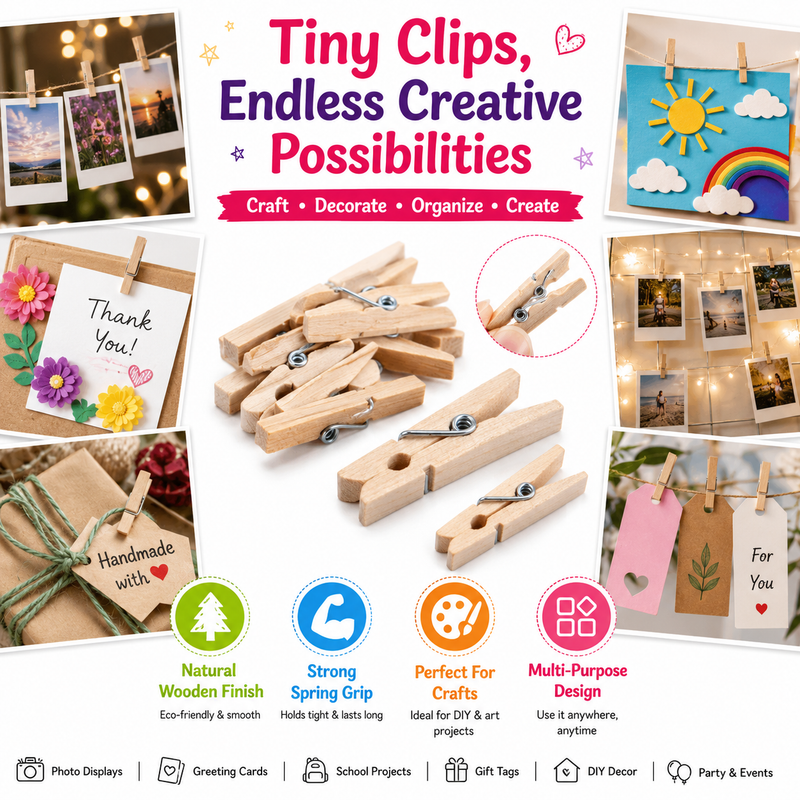 Natural Wooden Clips for DIY Crafts – Mini Clothespins for Photo Displays, Gift Wrapping & Scrapbooking