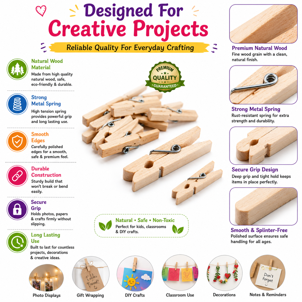 Natural Wooden Clips for DIY Crafts – Mini Clothespins for Photo Displays, Gift Wrapping & Scrapbooking