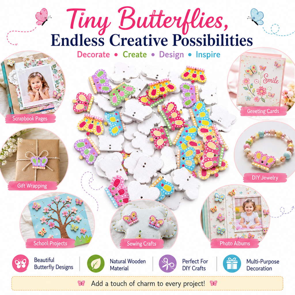 Wooden Butterfly Craft Embellishments – Colorful DIY Buttons for Scrapbooking, Jewelry, Gift Wrapping & School Projects