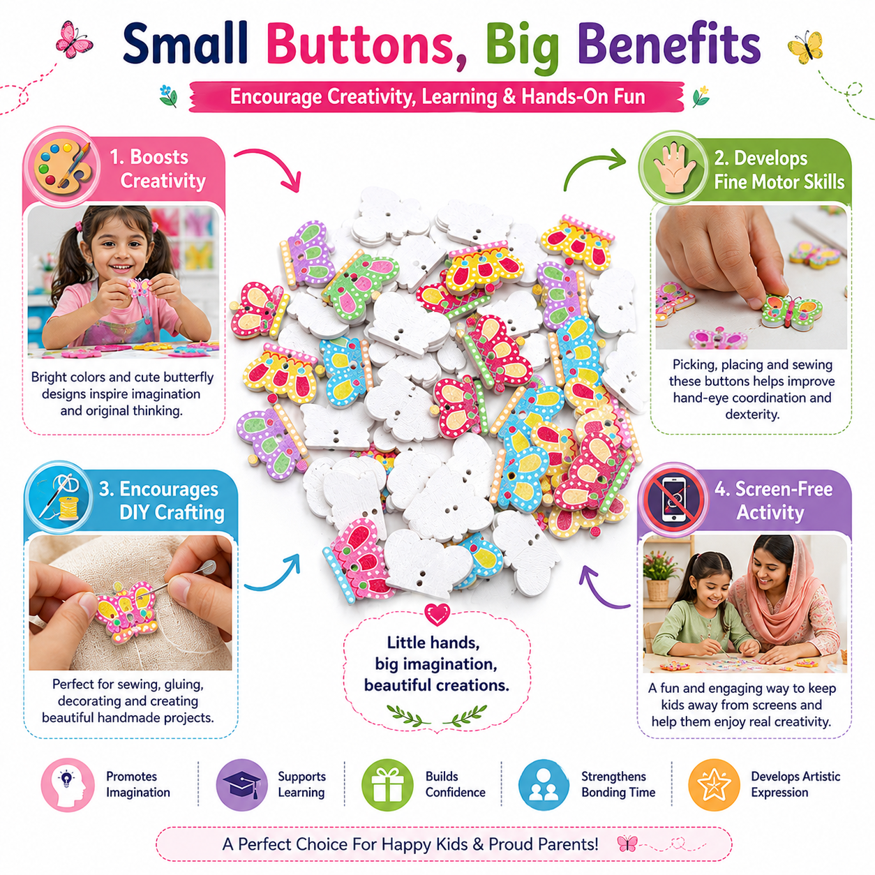 Wooden Butterfly Craft Embellishments – Colorful DIY Buttons for Scrapbooking, Jewelry, Gift Wrapping & School Projects