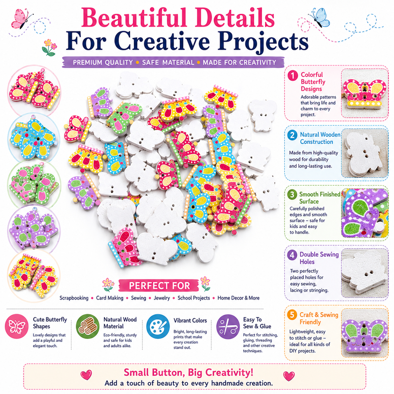 Wooden Butterfly Craft Embellishments – Colorful DIY Buttons for Scrapbooking, Jewelry, Gift Wrapping & School Projects