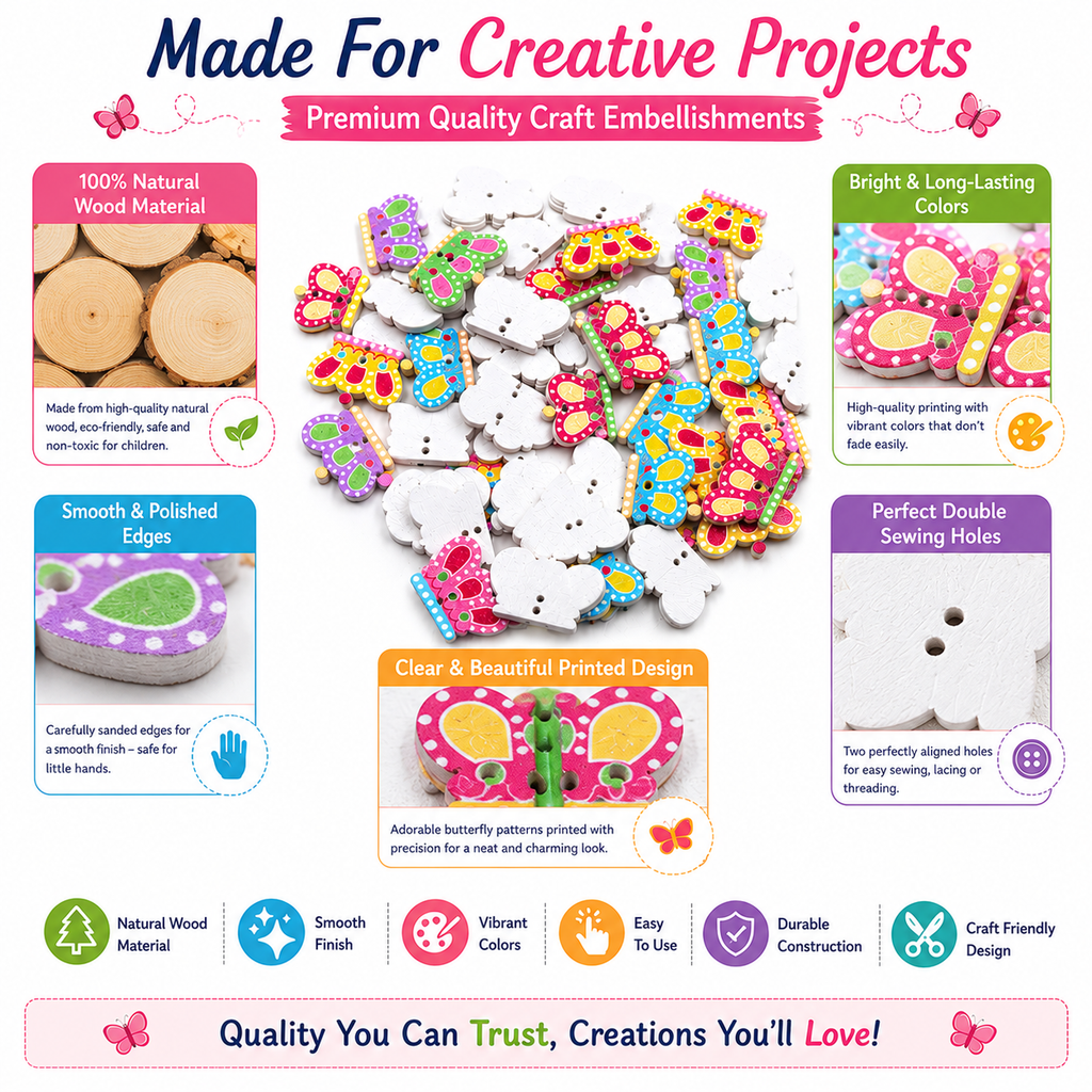 Wooden Butterfly Craft Embellishments – Colorful DIY Buttons for Scrapbooking, Jewelry, Gift Wrapping & School Projects