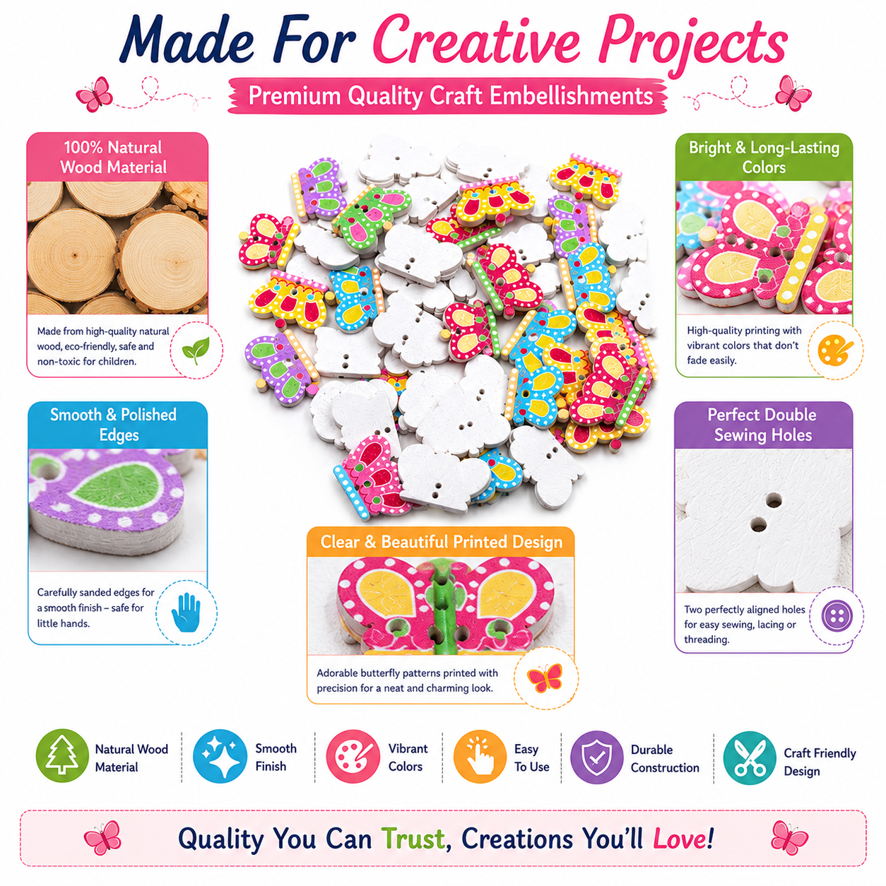 Wooden Butterfly Craft Embellishments – Colorful DIY Buttons for Scrapbooking, Jewelry, Gift Wrapping & School Projects