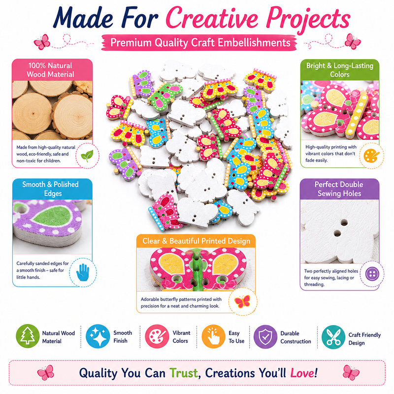 Wooden Butterfly Craft Embellishments – Colorful DIY Buttons for Scrapbooking, Jewelry, Gift Wrapping & School Projects