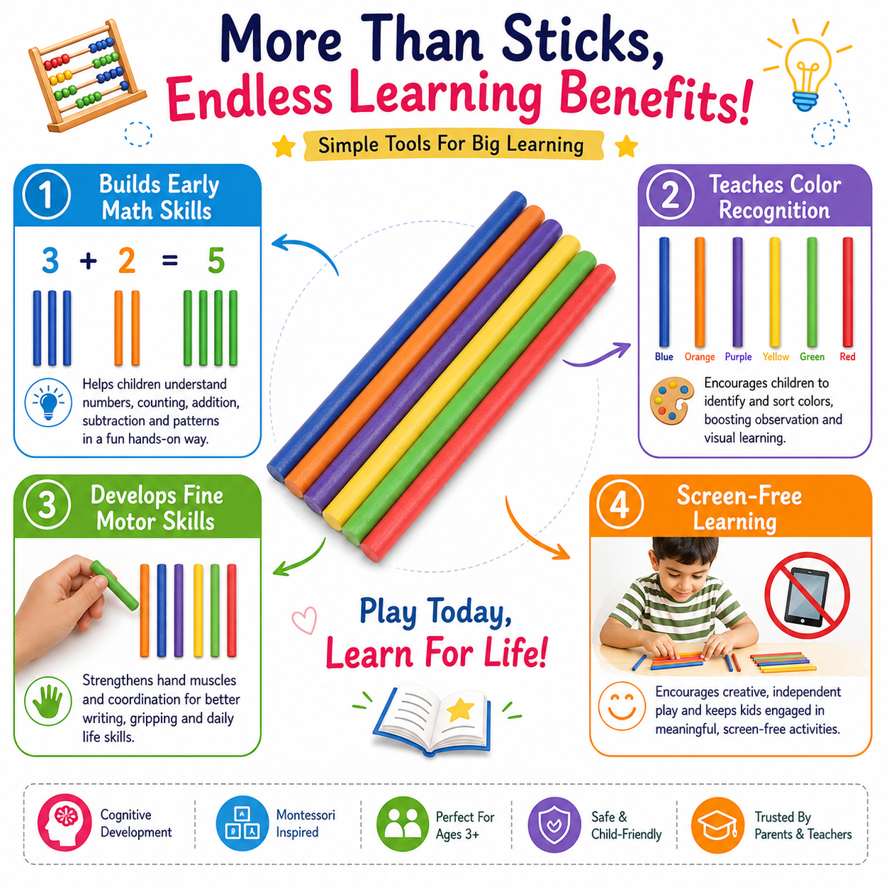 Colorful Math Learning Sticks – Educational Counting Rods for Preschool, Kindergarten & Early STEM Activities