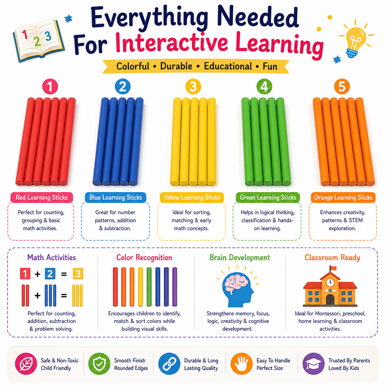 Colorful Math Learning Sticks – Educational Counting Rods for Preschool, Kindergarten & Early STEM Activities