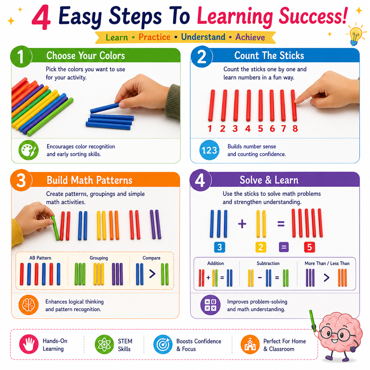 Colorful Math Learning Sticks – Educational Counting Rods for Preschool, Kindergarten & Early STEM Activities