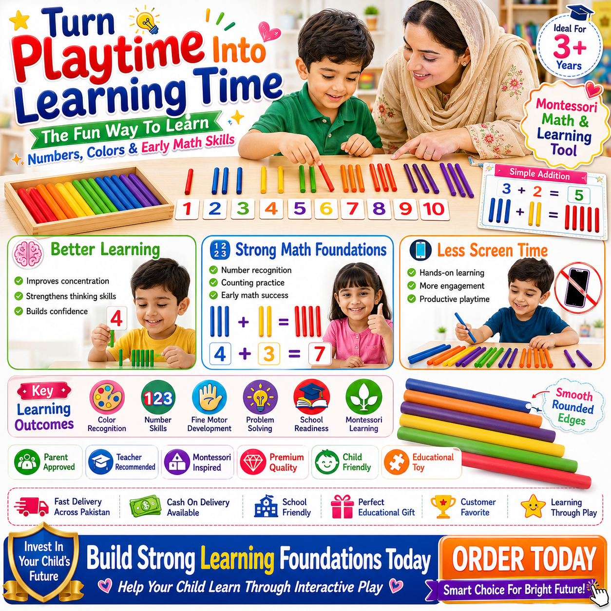 Colorful Math Learning Sticks – Educational Counting Rods for Preschool, Kindergarten & Early STEM Activities