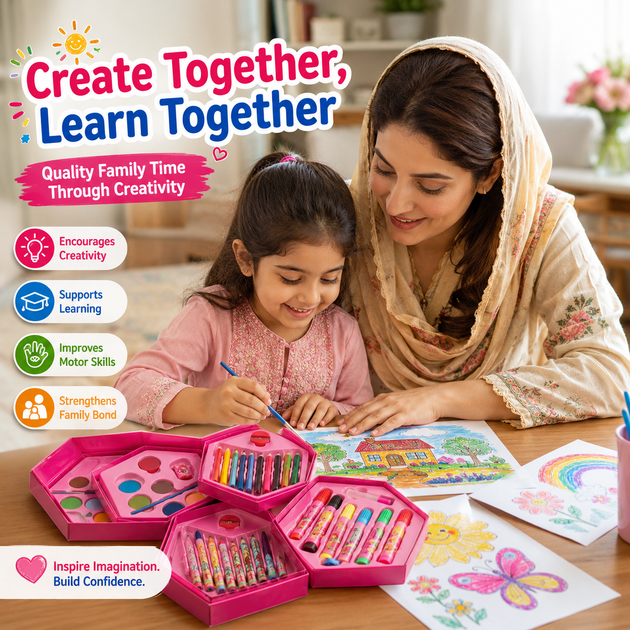 46-Piece Kids Art Set with Smart Hexagonal Storage Case, Complete Drawing & Colouring Kit with Colour Pencils, Crayons, Markers & Paints