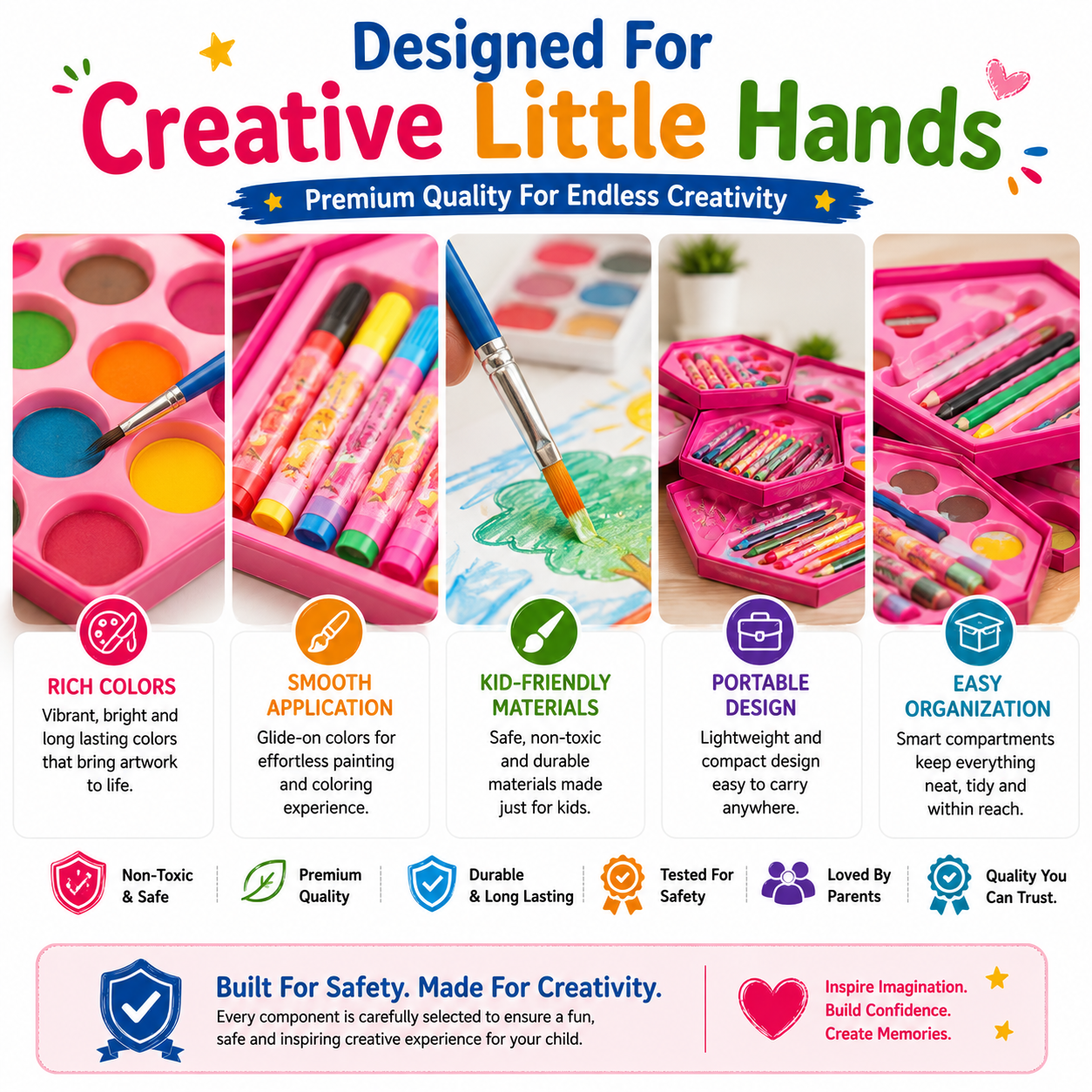46-Piece Kids Art Set with Smart Hexagonal Storage Case, Complete Drawing & Colouring Kit with Colour Pencils, Crayons, Markers & Paints