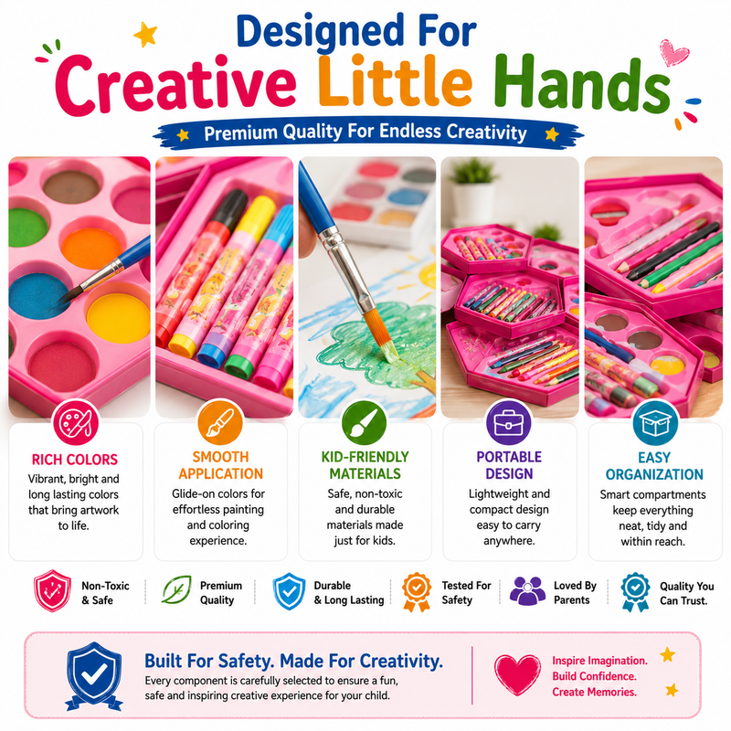 46-Piece Kids Art Set with Smart Hexagonal Storage Case, Complete Drawing & Colouring Kit with Colour Pencils, Crayons, Markers & Paints
