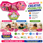 46-Piece Kids Art Set with Smart Hexagonal Storage Case, Complete Drawing & Colouring Kit with Colour Pencils, Crayons, Markers & Paints
