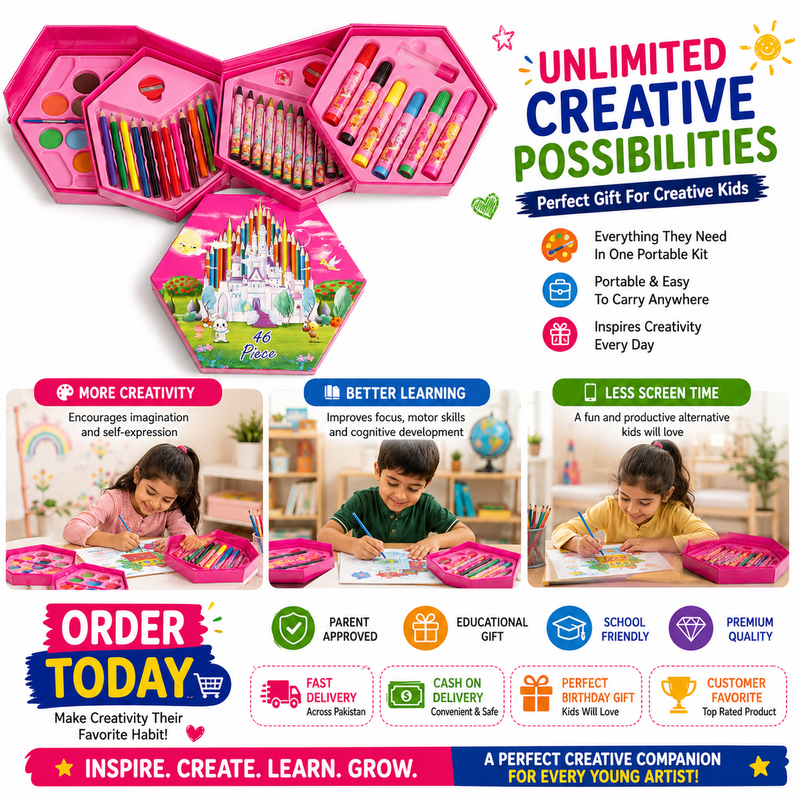 46-Piece Kids Art Set with Smart Hexagonal Storage Case, Complete Drawing & Colouring Kit with Colour Pencils, Crayons, Markers & Paints