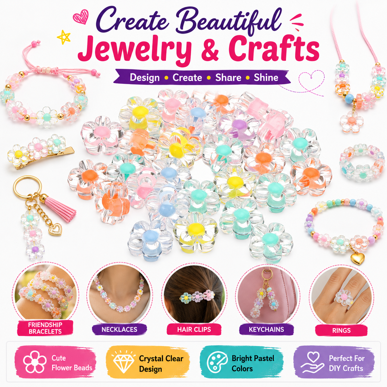 Acrylic Flower Beads for Jewelry Making – Pastel Beads for DIY Bracelets, Necklaces & Hair Accessories