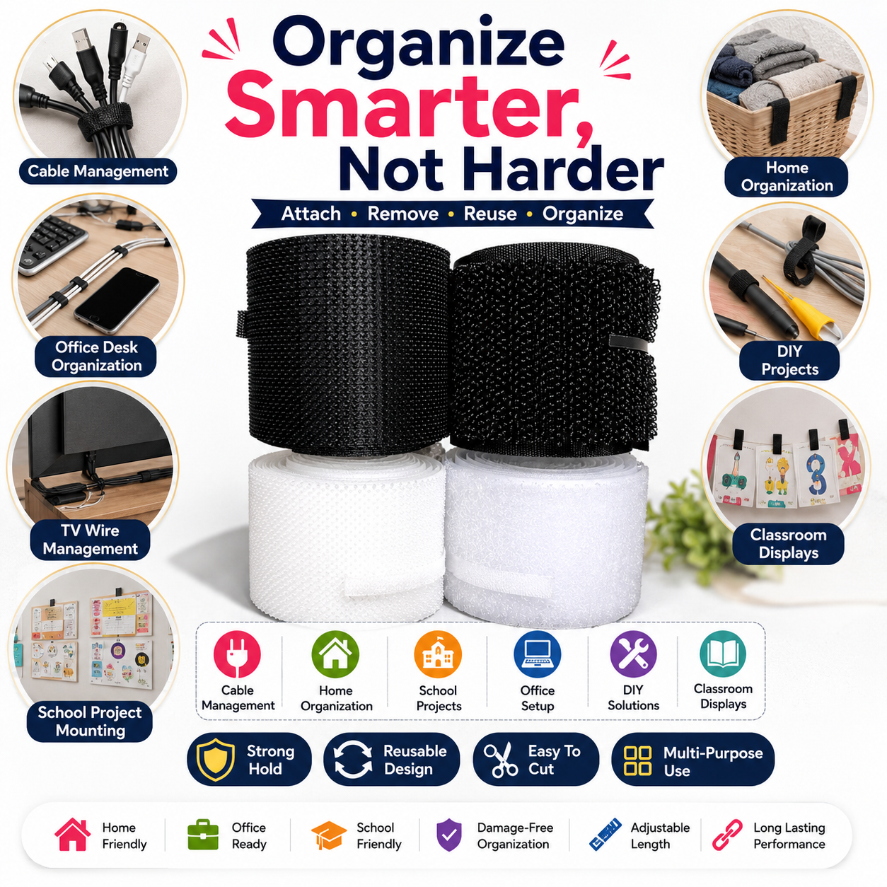 Wire organizer tape Fastening tape roll Self-gripping cable wrap