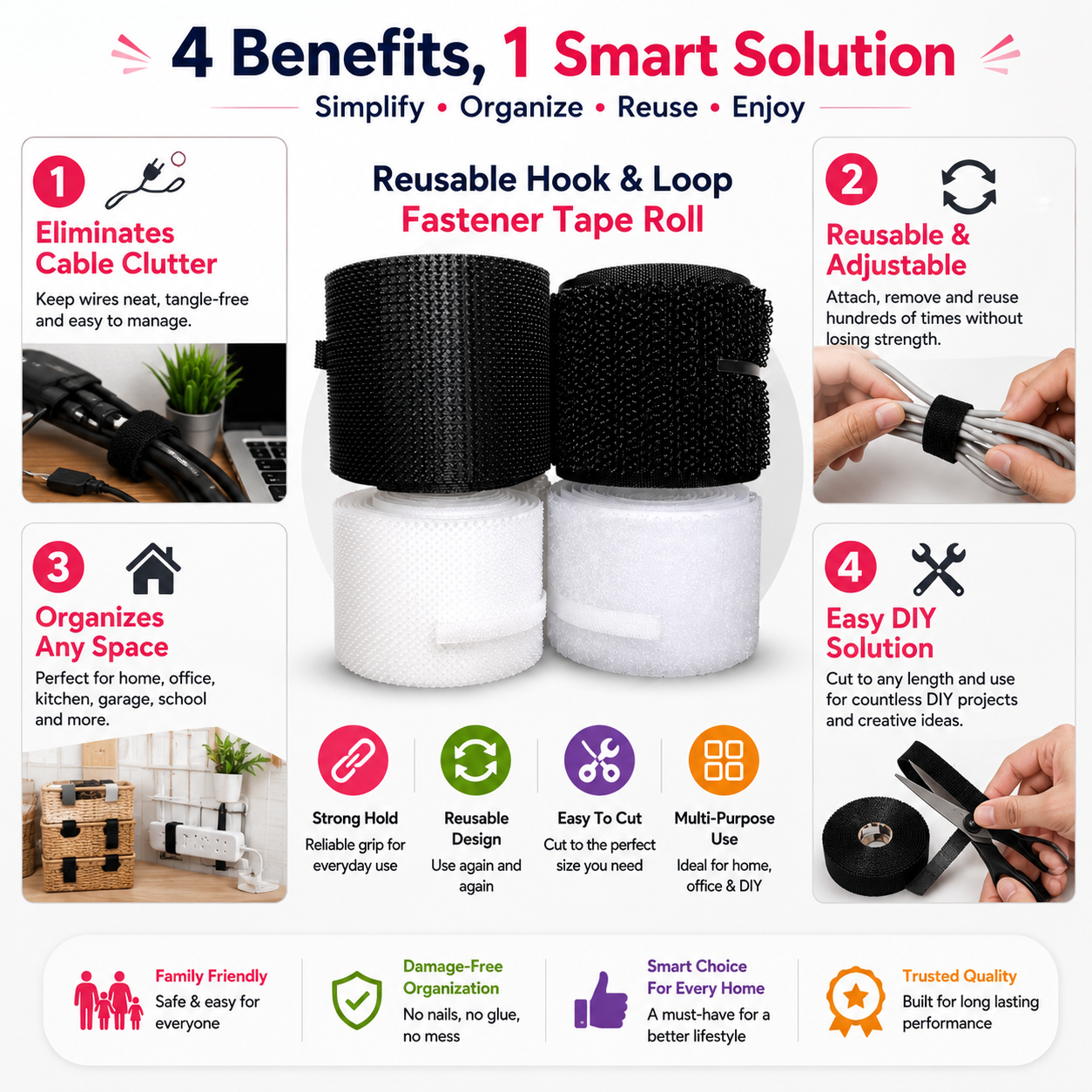Wire organizer tape Fastening tape roll Self-gripping cable wrap