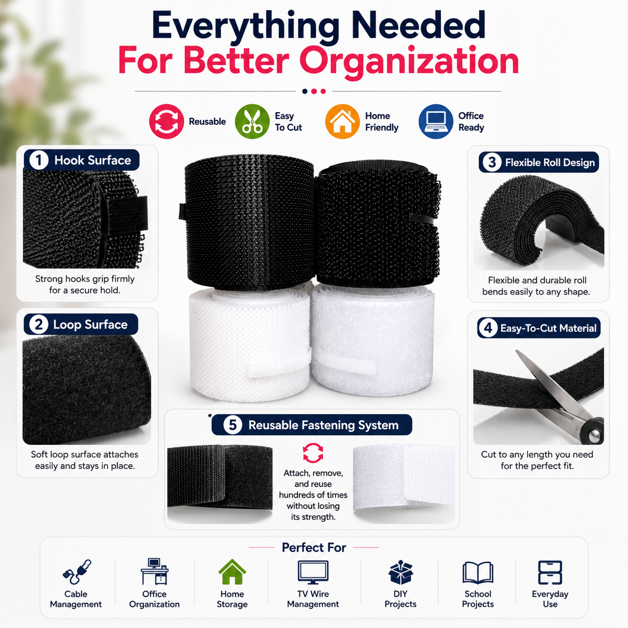 Wire organizer tape Fastening tape roll Self-gripping cable wrap